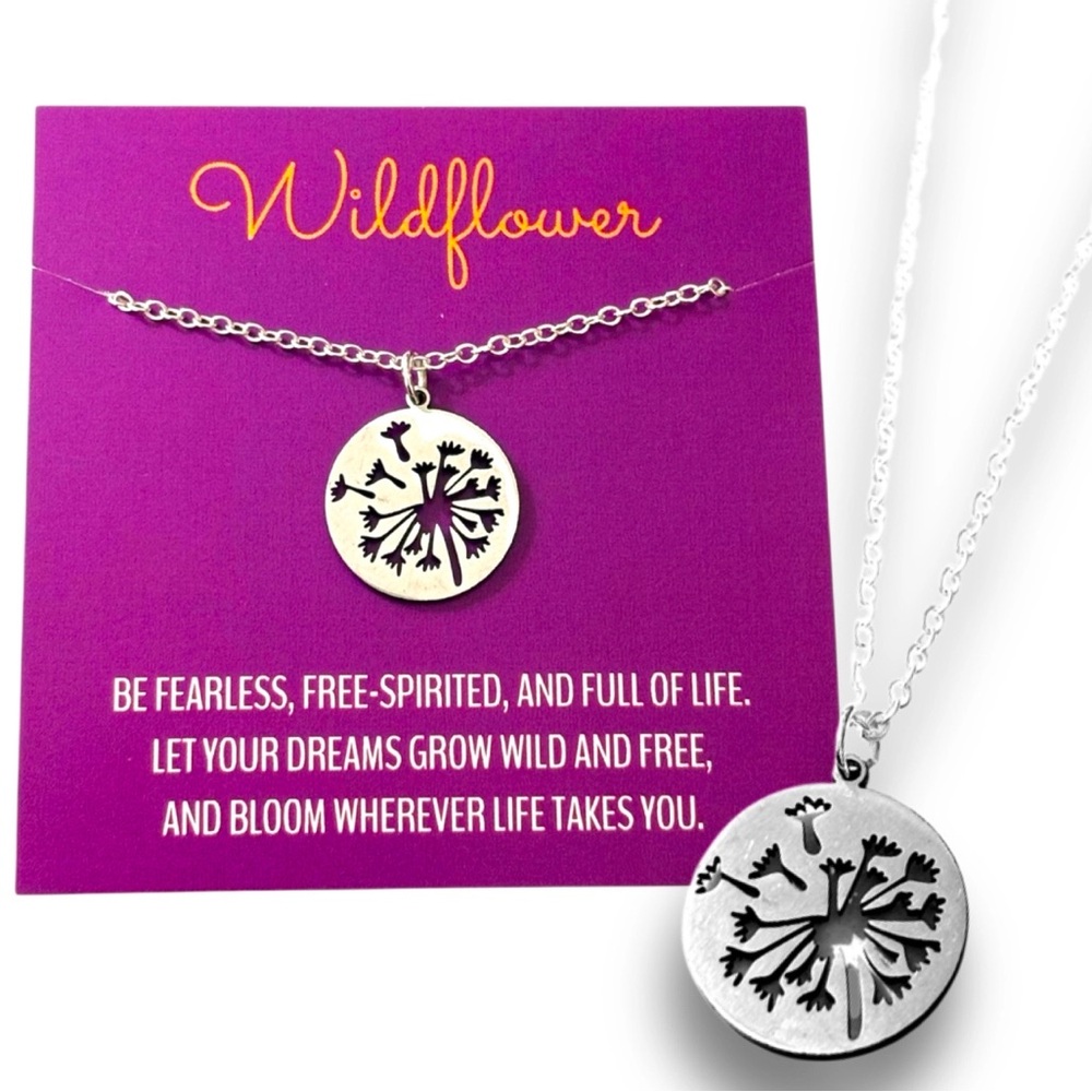 Silver Dandelion Flower Pendant Necklace Jewelry on Wildflower Card